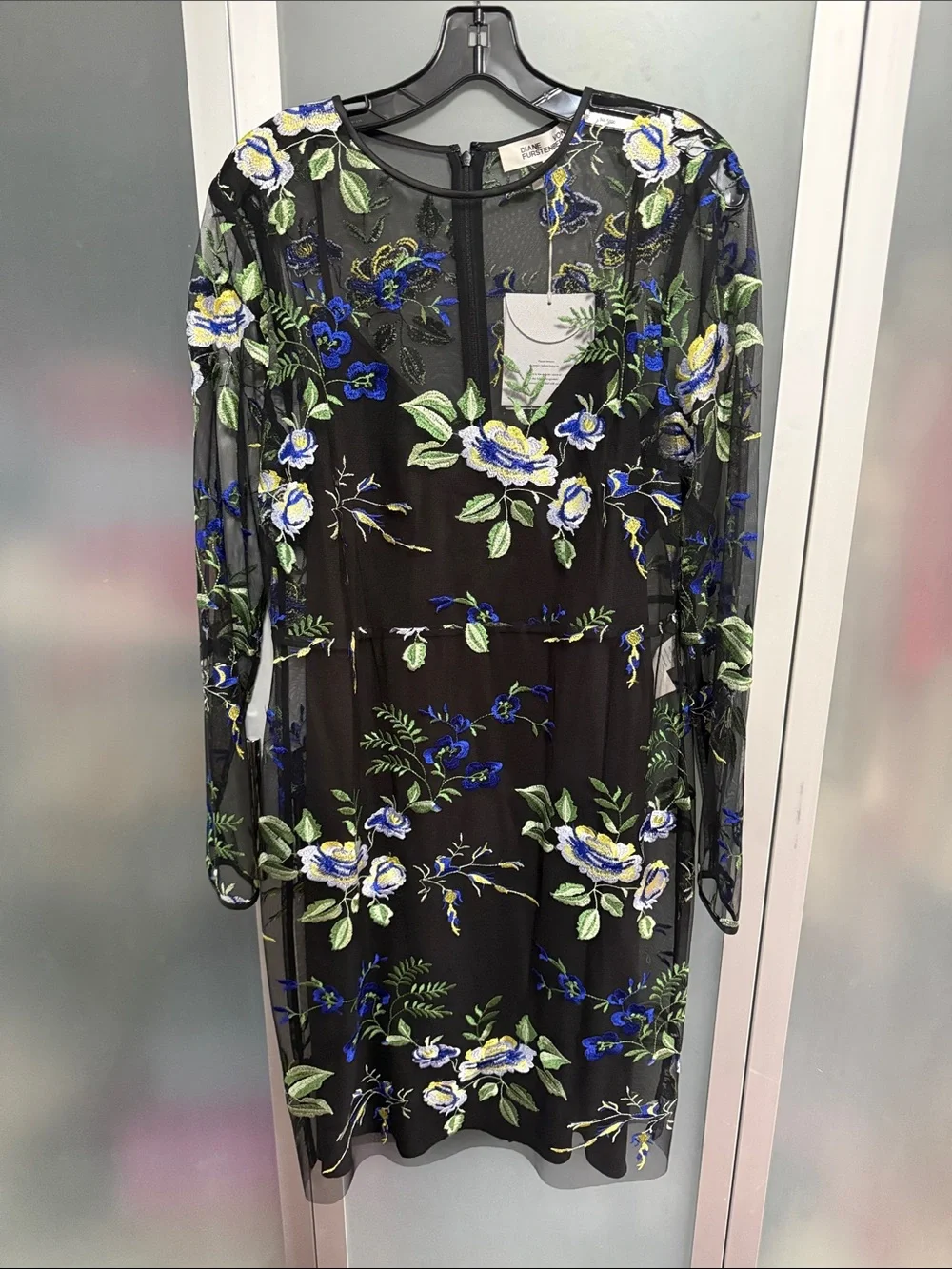 Floral Embroidered Black Mesh Dress - Blue & Green Accents